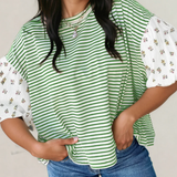 Aviva Puff Sleeve Patchwork Round Neck Loose Top - Green