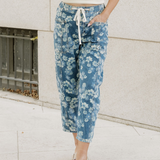 Eliana Floral Printed Drawstring Barrel Jeans