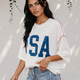 All American USA Graphic Half Sleeve Loose Ribbed Top - White