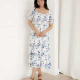 Faith Smocked Bodice Short Puff Sleeve Tiered Floral Midi Dress