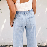 Baylor Studded Side Slit Leg Frayed Pocketed Wide Leg Jeans - Light Wash