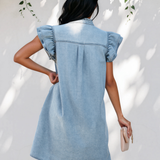 Nellie Frilled Detail Button Down Ruffle Short Sleeve Denim Mini Dress - Blue