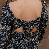 Black Floral Long Sleeve Frilly Shirred Square Neck Mini Dress