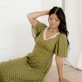 Maleah Polka Dot Print Lacy Neckline Smocked High Waist Maxi Dress