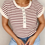 PREORDER Maisie Stripe Half Buttons Round Neck T Shirt - Red | Dropship