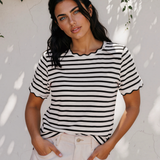 Collette Stripe Scalloped Trim Round Neck T Shirt - Black