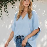 Capri Frayed Batwing Sleeve Textured Cotton Blouse - Blue