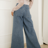 PREORDER Cora Blue Stripe Button Pleated Drawstring Waist Casual Wide Leg Jeans