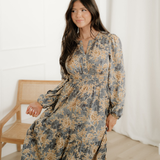 Brianna Floral Print Smocked High Waist Long Sleeve Maxi Dress - Blue