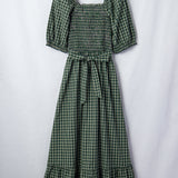 Daisy Plaid Square Neck Shirred High Waist Ruffle Hem Dress