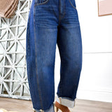 Myosotis Raw Hem Turnup Loose Ankle-length Jeans