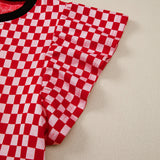Cassidy Checkered Print Ruffle Short Sleeve Contrast Trim Round Neck Top
