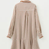 PREORDER Gracie Stripe Shirt Collar Embroidered Trim Ruffle Hem Long Sleeve Mini Dress | Dropship