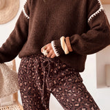 Dark Khaki Contrast Trim Mock Neck Drop Shoulder Relaxed Sweater