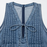 Melany Pintuck Tie V Neck Denim Wide Leg Jumpsuit