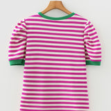 PREORDER Kimberly Stripe Short Puff Sleeve Contrast Trim Round Neck Tee - Pink | Dropship