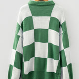 V Neck Checkered Sweater - Green