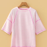 PREORDER Noelle Textured Knit Split Hem Half Sleeve Loose Top - Pink | Dropship