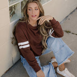 Varsity Striped Sleeve Loose Sweatshirt - Coffee | Dropship