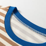 PREORDER Kimberly Stripe Short Puff Sleeve Contrast Trim Round Neck Tee - Brown | Dropship