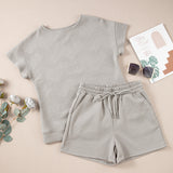 Astrid Textured Loose Top Casual Two Piece Short Set - Gray
