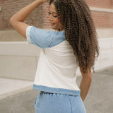 Denim Color Block Patchwork Round Neck Tee