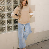 Varsity Striped Sleeve Loose Sweatshirt - Light French Beige | Dropship