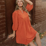 Micah Scallop Detail Pleated Corduroy Mini Dress - Orange