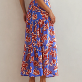 Alethea Bohemian Floral Print Tiered Maxi Skirt with Split - Blue