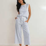 Clementine Striped Tee and Wide Leg Pants Set - Blue