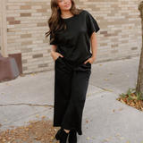 Mila Textured Loose Fit T Shirt and Drawstring Pants Set - Black | Dropship