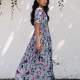 Haisley Fiery Floral Print Frilled V Neck Short Sleeve Maxi Dress - Blue