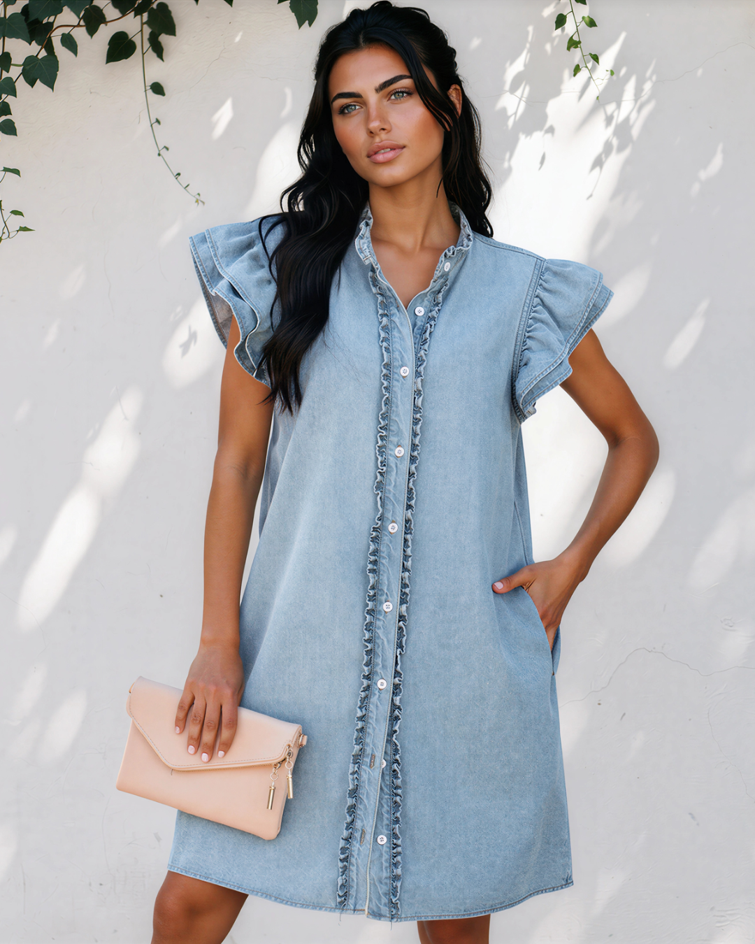 denim dress no buttons Sing-A-Long Sleeveless Round Neck Button Down Denim Dress