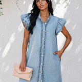 Nellie Frilled Detail Button Down Ruffle Short Sleeve Denim Mini Dress - Blue