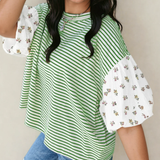 Aviva Puff Sleeve Patchwork Round Neck Loose Top - Green