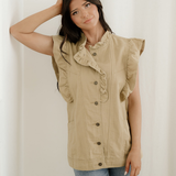 Margot Ruffle Plain Denim Jacket Vest - Khaki