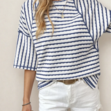 Noelle Textured Knit Split Hem Half Sleeve Loose Top - Blue