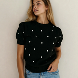 PREORDER River Polka Dot Bubble Short Sleeve Sweater - Black | Dropship