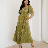 Maleah Polka Dot Print Lacy Neckline Smocked High Waist Maxi Dress