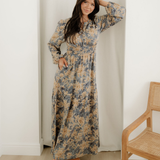 Brianna Floral Print Smocked High Waist Long Sleeve Maxi Dress - Blue