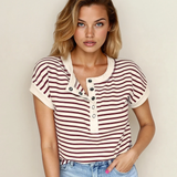 PREORDER Maisie Stripe Half Buttons Round Neck T Shirt - Red | Dropship