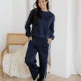 Fiery Red Varsity Striped Detail Crewneck Pullover Elastic Sweatpants 2pcs Outfit