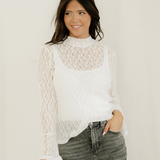 Amara Sheer Lace Bell Sleeve Mock Neck Blouse