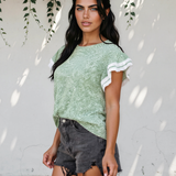 Vienna Twilled Print Lace Trim Ruffled Short Sleeve Blouse - Green