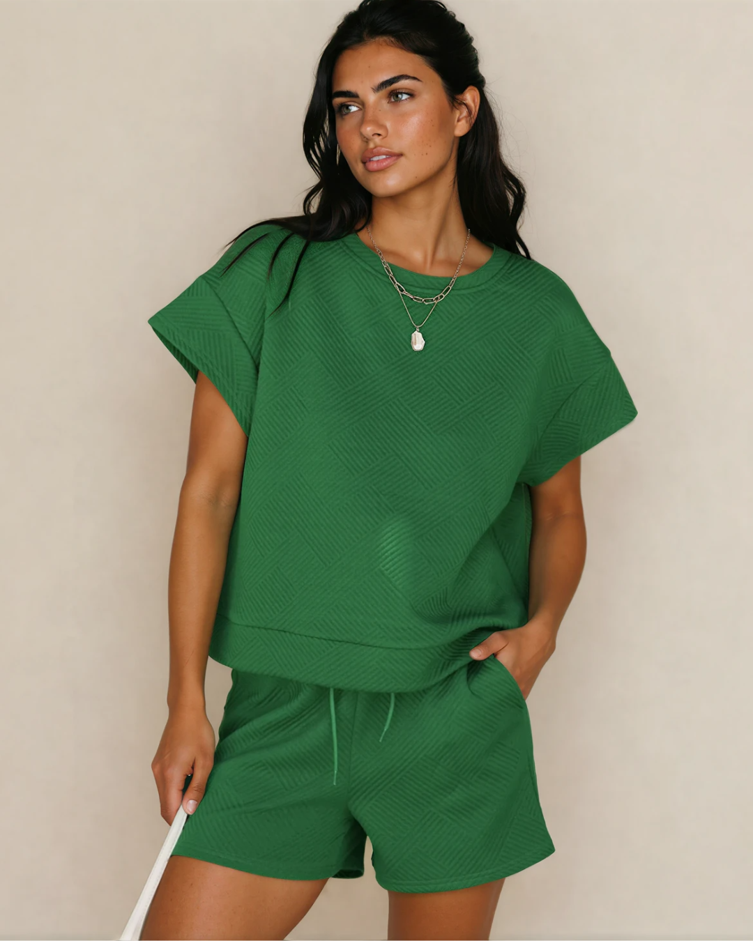 Astrid Textured Short Sleeve Top and Shorts Set - Green