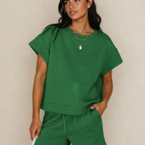 Astrid Textured Short Sleeve Top and Shorts Set - Green