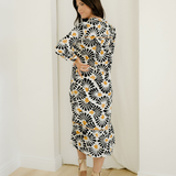 Lucille Abstract Floral Print Split V Neck Long Dress with Sleeves