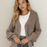 PREORDER Jane Mixed Texture Knit Button V Neck Sweater Cardigan - Brown | Dropship