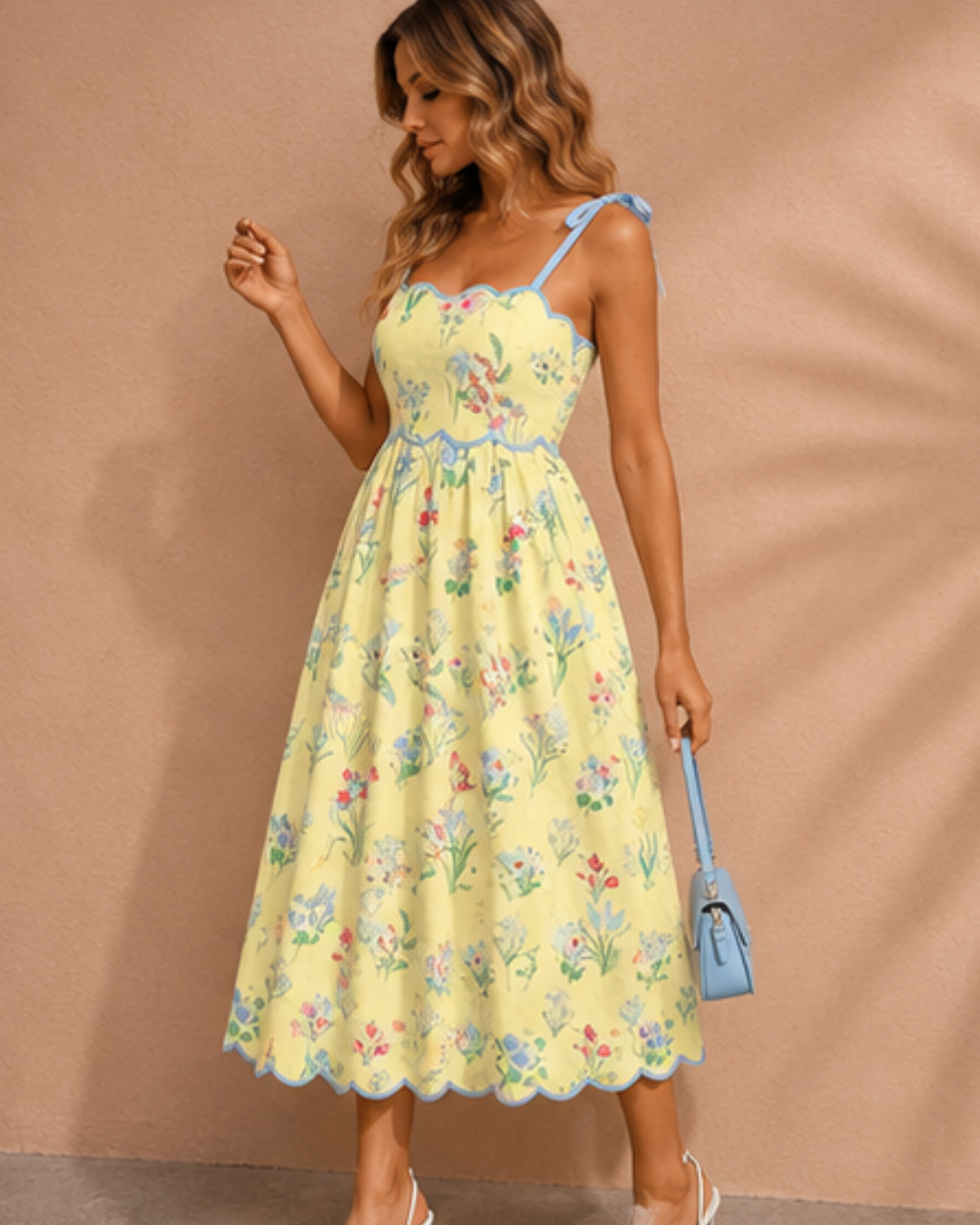 Laylani Contrast Trim Self-tie Straps High Waist Midi Dress