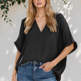 Capri Frayed Batwing Sleeve Textured Cotton Blouse - Black